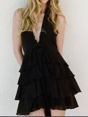 Zara Black Halter Tiered Ruffle Mini Dress